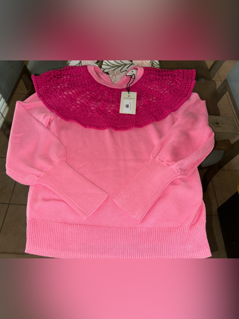 Tuckernuck Pink Sweater with Fuchsia Crochet Yoke